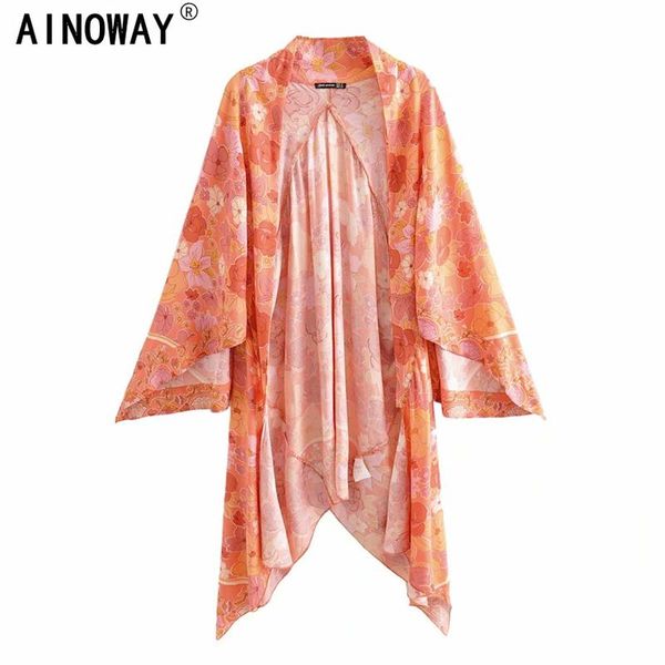 

vintage chic women orange floral print bat sleeve beach bohemian kimono dress ladies summer boho robe vestidos, Black;gray