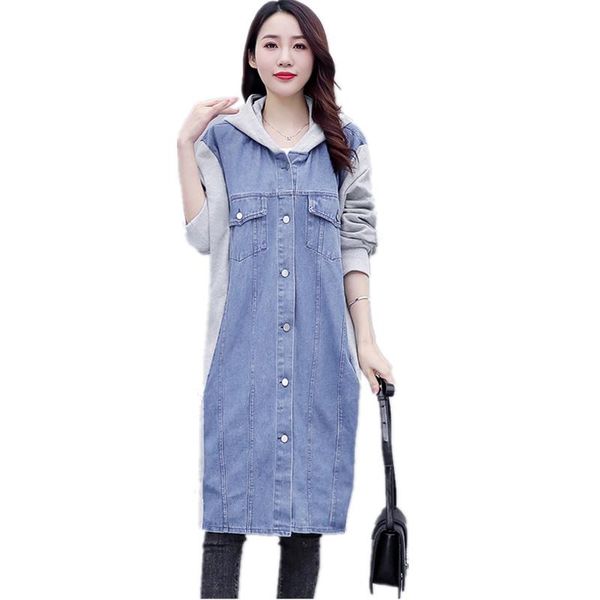 

women's trench coats 2021 hooded stitching denim overcoat spring autumn jeans single-breasted loose casual lady windbreaker s149, Tan;black