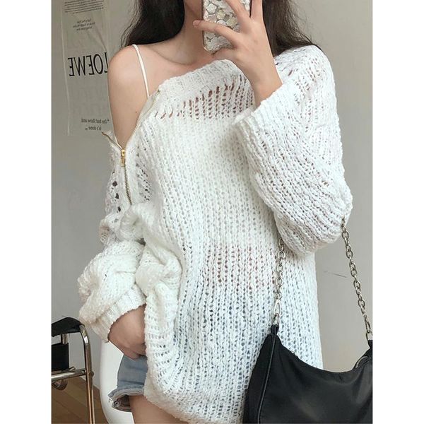 

women's sweaters 2021 hollow pullover loose strapless zipper wool sweater long sleeve autumn korean and japan style top, White;black