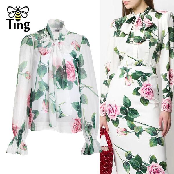 

women's blouses & shirts tingfly summer rose flower floral bowknot collar women vintage fashion office lady work blouse blusas street c, White