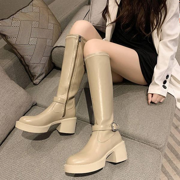 

boots women knee high platform fashion buckle strap ladies solid elegant comfort pu round toe female shoes autumn soft, Black