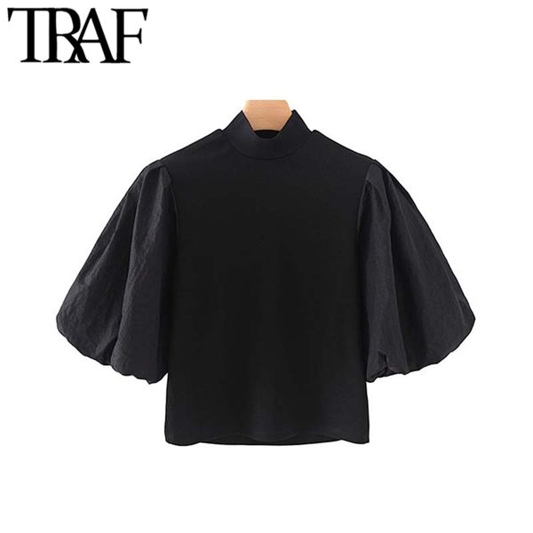 

traf women vintage elegant office wear patchwork cropped blouses fashion stand collar lantern sleeve female shirts chic 210730, White