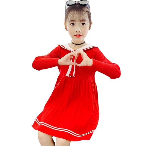 

girls knitted dress patchwork child sailor collar casual style school costume 6 8 10 12 14 210528, Red;yellow