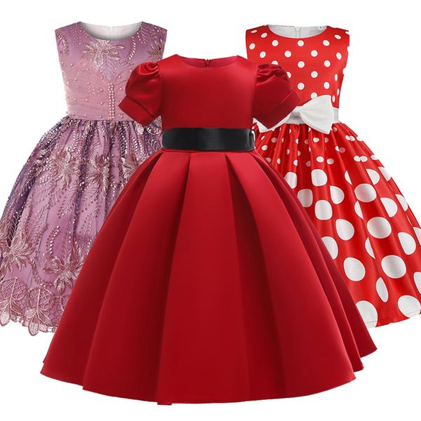 

flower girl dream wedding wine red high-end party long dress girl birthday party ceremony ball short-sleeved dress vestido, White;pink