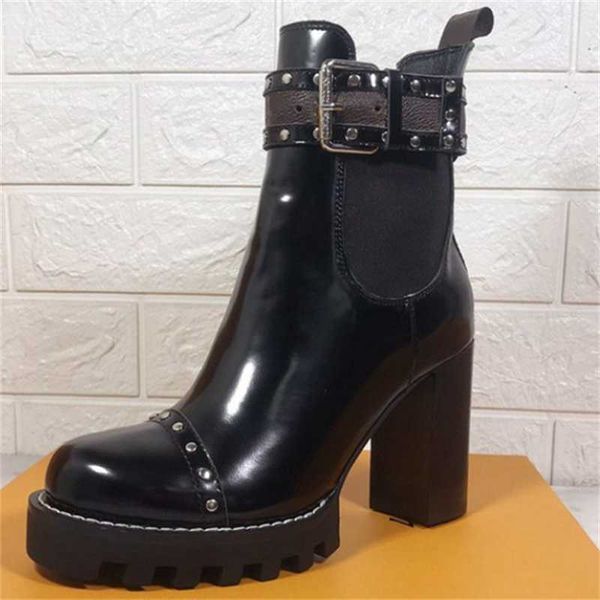 

boots genuine leather super high heel rivet belt buckle thick bottom ankle fashion short platform brand design women shoes, Black