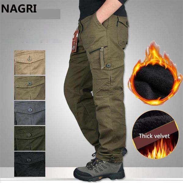 

men cargo pants fleece thick warm multi pocket autumn winter military army zip straight slacks long trousers outwear sport 210715, Black
