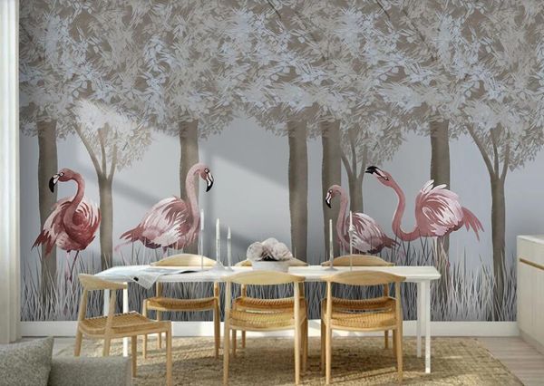 

wallpapers customized 3d mural wallpaper nordic hand-painted forest flamingo tv sofa background wall decoration painting