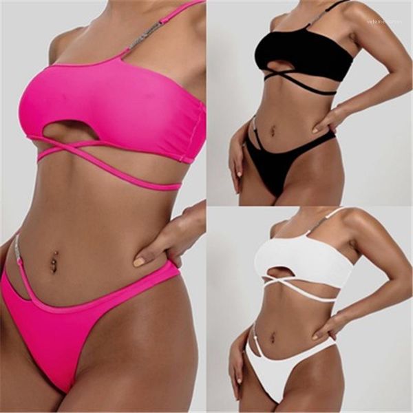 

split bikini swimsuit summer female one shoulder sling bikini womens solid colors bandage swimwear fashion trend gather chest bras briefs, White;black