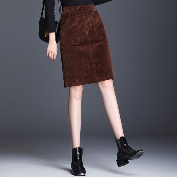 

corduroy pencil skirt large size female loose skirt elastic waist casual bottom retro wild color women's bag skirt 210309, Black