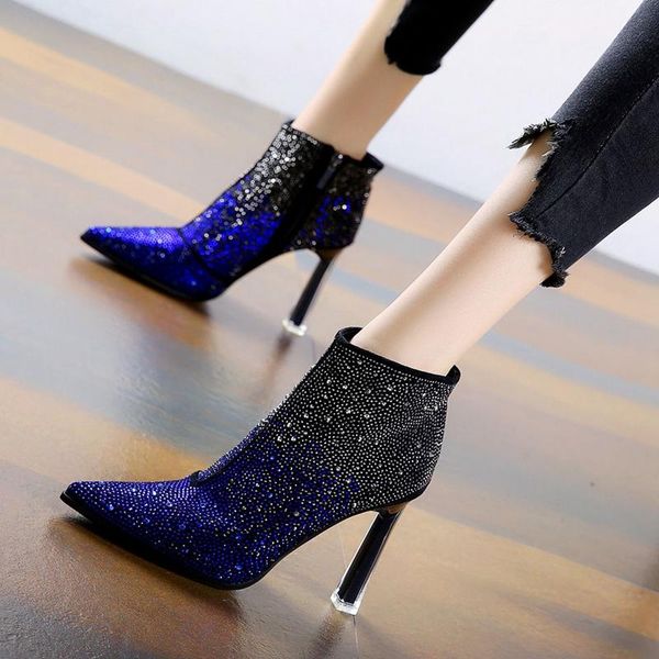 

boots short women's high heel pointed toe thin autumn and winter rhinestone color matching stiletto, Black