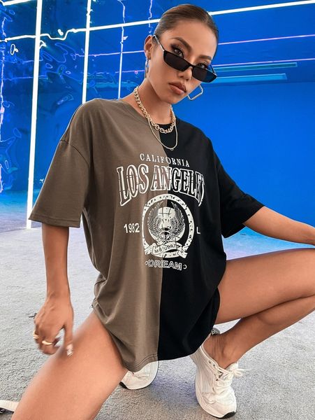 

letter and eagle print two tone drop shoulder tee 08f7#, White