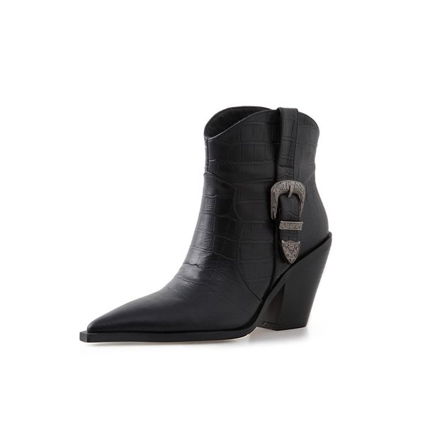 

Fashion Personalized Cowboy West Womens Boots Genuine Leather Wedge Boot Slim Fit Pointed Toe Handmade Luxury Denim Ankle Boots, Black