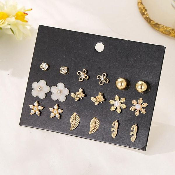 

stud 9 pairs/set pearls crystal flower leaves earrings set for women black round fashion jewerly, Golden;silver