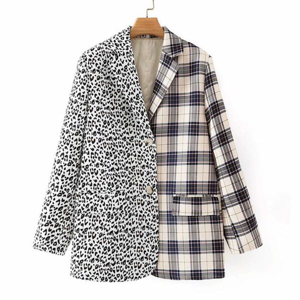 

[ewq] 2021 spring autumn women blazer fashion plaid leopard color matching single breasted long sleeve suit coat european trend, White;black
