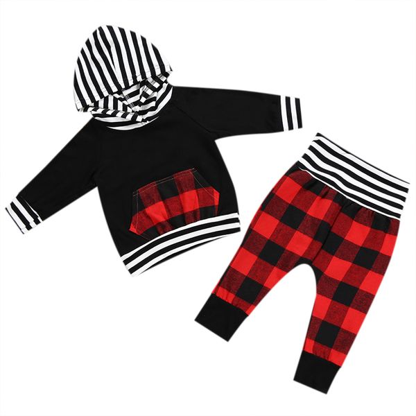 

baby boys girls christmas clothes set for xmas clothing set striped pocket hoodie + plaid pants outfits set clothes, White