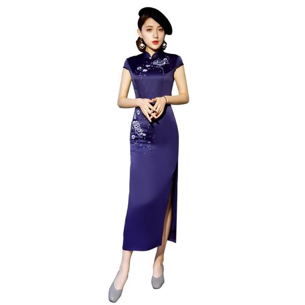 

ethnic clothing shanghai story blue qipao chinese traditional dress faux silk women's long floral cheongsam, Red