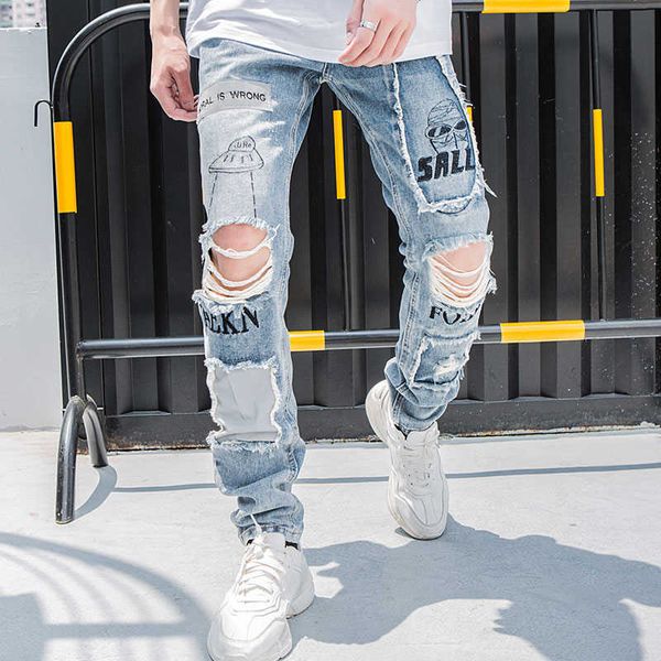 Bisikletçinin Kot Erkekler Yansıtıcı Delik Denim Pantolon Erkek Vintage Skinny Jeans Baggy Pantolon Jean Moda Streetwear Sonbahar X0621