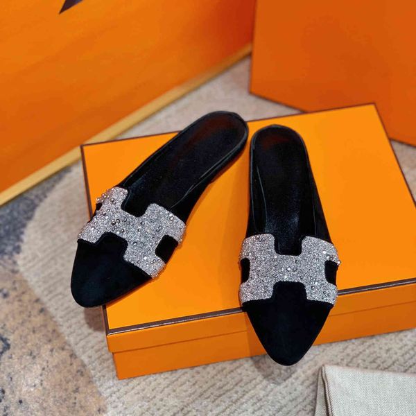 

official website 70% off outlet summer shoes women genuine leather crystal mules shallow outside solid kid suede slippers zapatos de mujer, Black