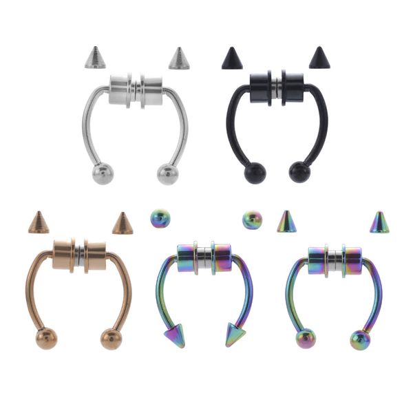 

personality hoop nose septum rings fake nose ring stainless steel magnet nose punk temperament fake piercing body jewelry glamorous hip hop, Slivery;golden