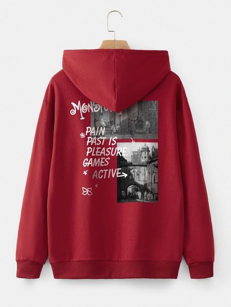 

men building & slogan graphic drop shoulder drawstring hoodie l1su#, Black