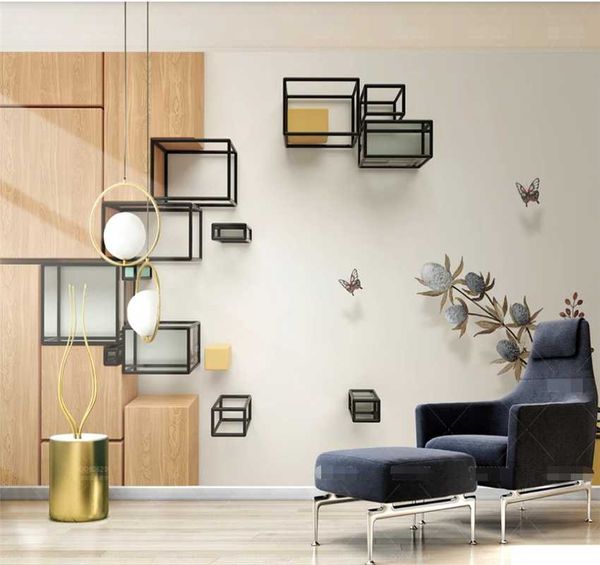 

3d stereo fashion geometric lines cube wood grain tv background wall custom wallpaper 8d wall covering