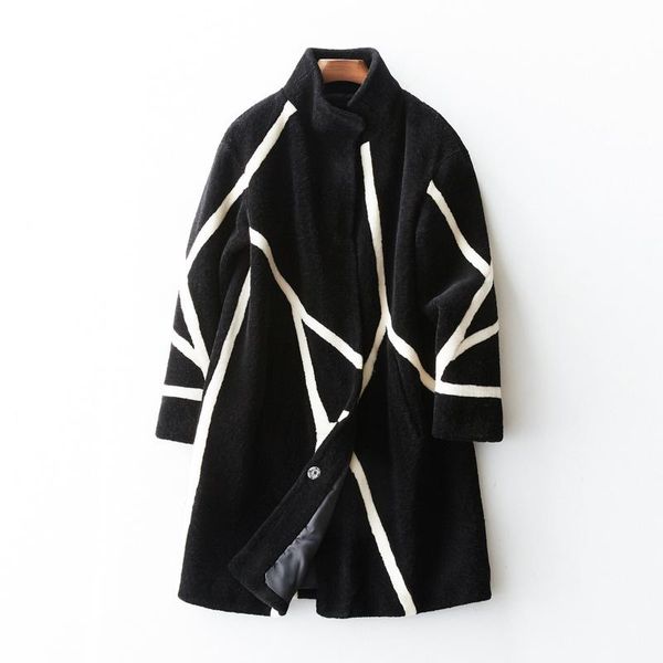 

women's fur & faux shearling sheep winter jacket women clothes real coat 100% wool korean elegant long abrigo mujer zt646, Black