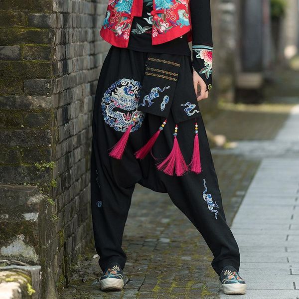 

women's pants & capris women national embroidered loose cross-pants trousers ladies cotton linen retro harem female 2021 autumn spring, Black;white