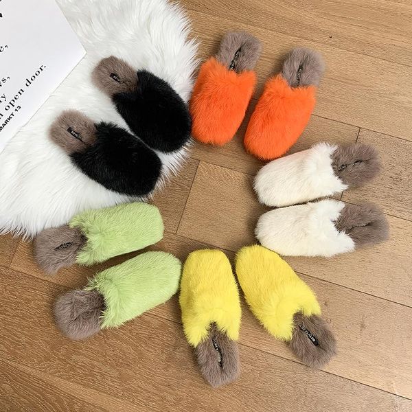 

slippers shoes women plush for adults slides cover toe pantofle candy colors flock low soft fur 2021 flat casual rome with, Black