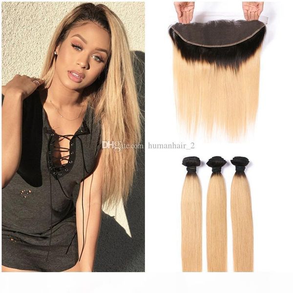 

human hair bundles 2 tone ombre 1b 27 honey blonde straight peruvian virgin hair weaves with ear to ear 13*4 lace frontal closure, Black;brown