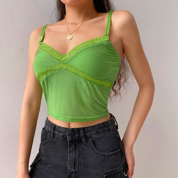 

mesh transparent sleeveless cami green crop tees women summer backless spaghetti strap streetwear, White