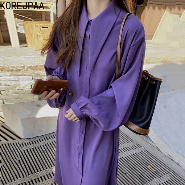 Korejpaa Женщины платье Корейский мода шикарный фиолетовый заостренный шеи одиночные повседневные свободные фонарика рукава рубашки платья 210526