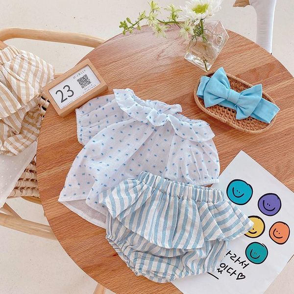 

clothing sets milancel 2021 summer girls set lotus leaf collar and striped shorts with headband 3pcs suit, White