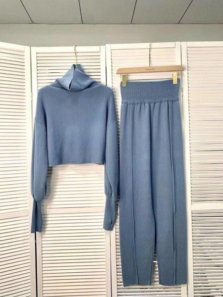 

women's two piece pants 2021 autumn winter european fashion turtleneck knitted thickening sweater and high waist long suit twinset, White