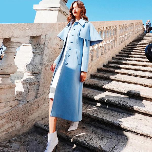 

women's wool & blends autumn winter light blue single breasted belted cloak woolen coat women lapel slim temperament shawl outerwear y7, Black