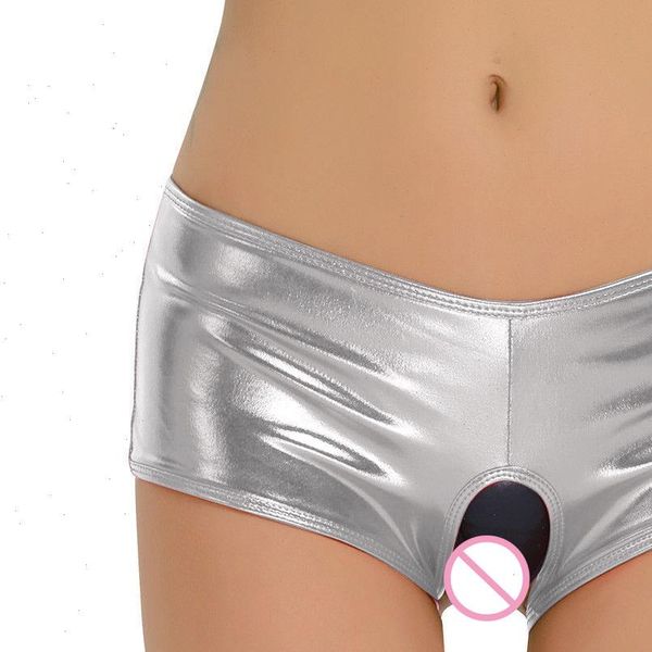 

new womens black low waisted shorts open crotch pu leather short trousers back hollow out panty night clubwear costumes, White;black