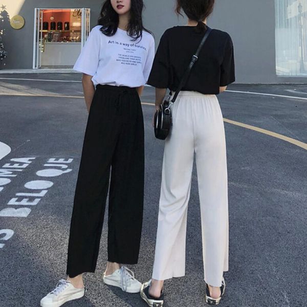 

women's pants & capris safenh women summer thin knit trousers wide leg loose ankle length casual trouser elastic waist plus size, Black;white