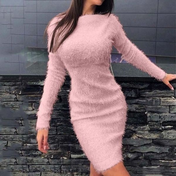 

casual dresses autumn long sleeves women's dress plush warm sweater soft slim knee-length female party vestidos elegantes para mujer, Black;gray