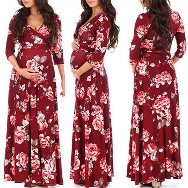 

maternity dresses dress print cross deep v-neck belt comfortable waist seven-point sleeve mopping pregnant women long skirt, White