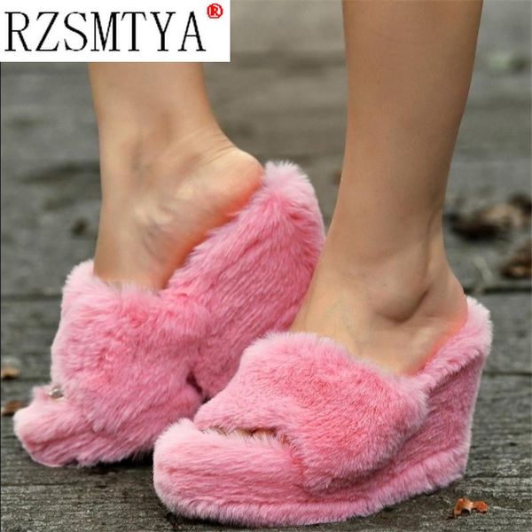 

slippers furry female wearing network red 2021 autumn and winter warm lovely cross word lazy plush cotton drag tide, Black