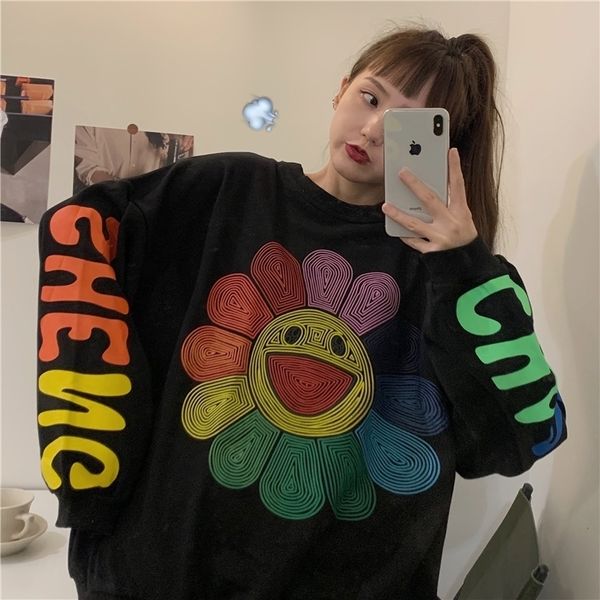 

autumn rainbow seven-color sun flower letter printing round neck pullover capless thin sweatshirt women lj201130, Black