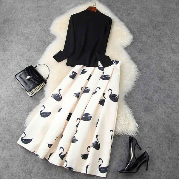 

two piece dress women bow gown skirt sets spring autumn black knitted pullovers and swan print white long two piece outfits mibh