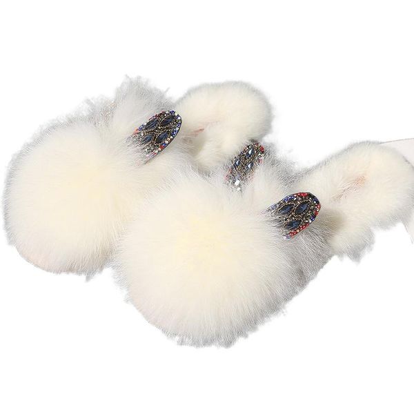 

slippers double-heart drill ears hair flat bottom half drag women's shoes, Black