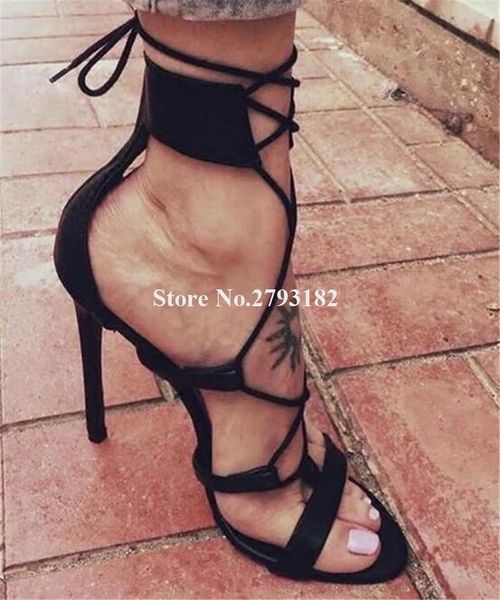 

dress shoes women fashion open toe black suede leather stiletto heel gladiator sandals lace-up high heels evening