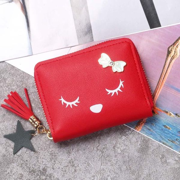 

wallets 2021 tassel bow women wallet small cute short leather zipper purses portefeuille female purse clutch, Red;black