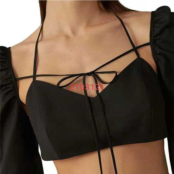 

2021 chest cross bandage wrapped short open navel small sling looper long sleeve, Red;black