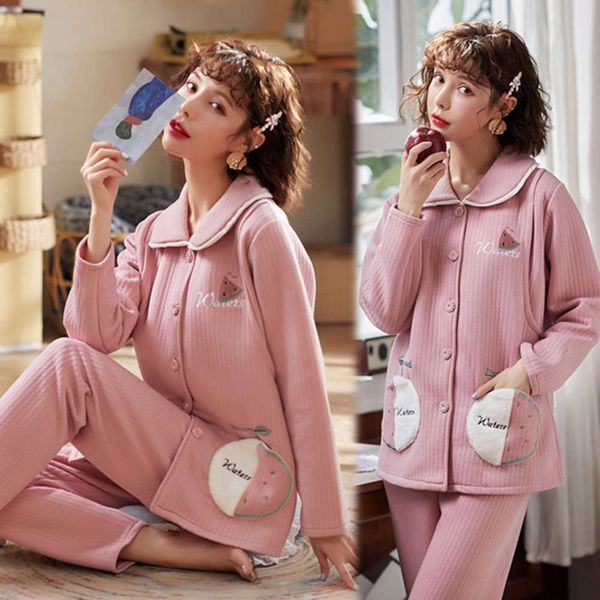 

maternity pajamas autumn and winter pregnant women air thickened warm clip cotton large nursing suit, White