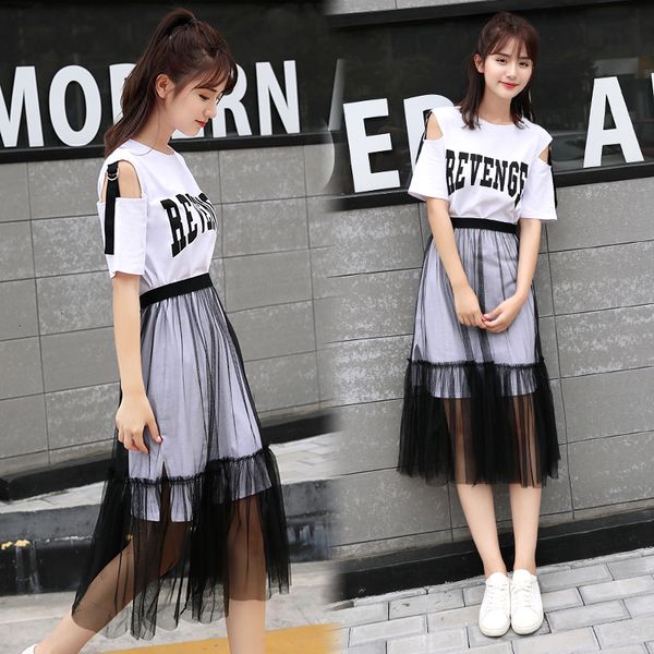 

2021 new 2 piece set summer women's letter print strapless long t-shirt +mesh see through skirt sets fashion holes belt skirts suits 4r, Black;gray