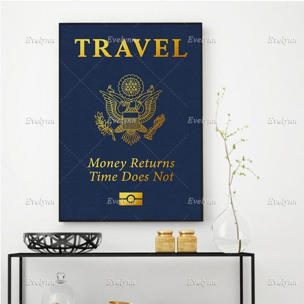 

paintings motivational/inspirational canvas poster- passport travel "money returns time does not"wall art office/home decor floati