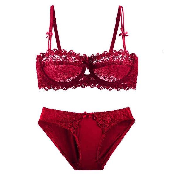 

ultra thin translucent half cup lace bra, Red;black