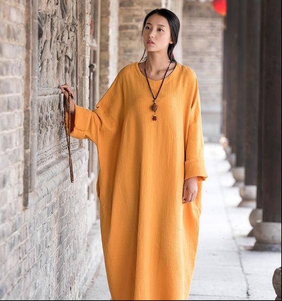 

linen dress big size batwing cotton women long dress oversized zen style solid robe femme gown dresses loose casual maxi dress, Black;gray